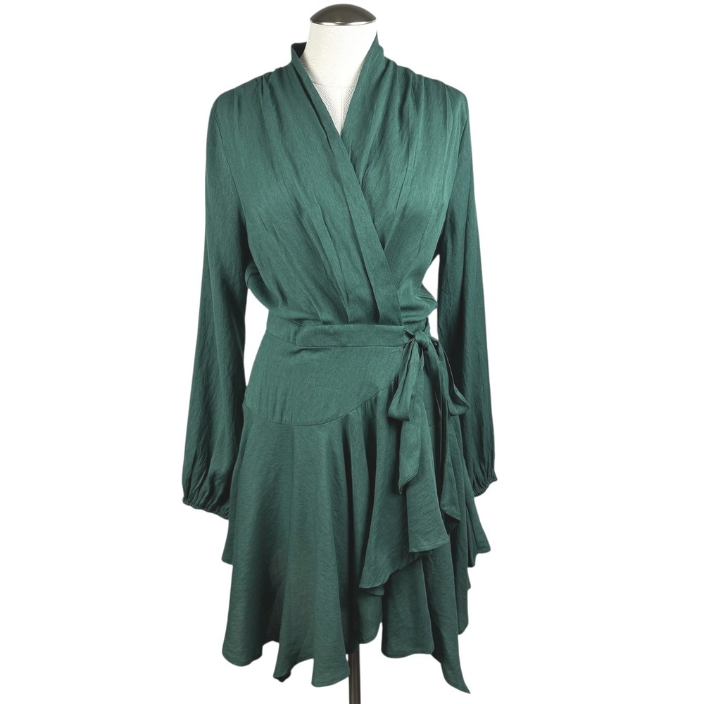 DO+BE Women's Green Wrap Dress Long‎ Sleeve Ruffle Hem V-Neck Mini Dress Medium